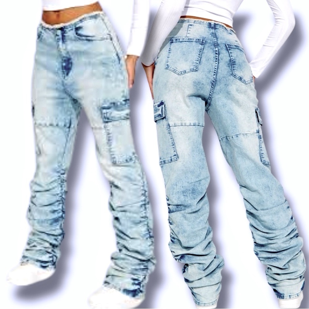 Fashion Nova Light Wash High Rise Cargo Jeans